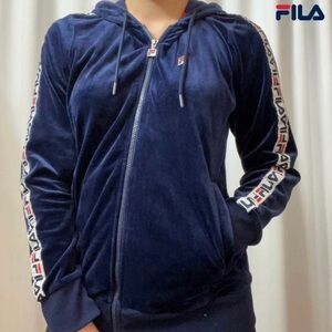 Fila Maureen Navy Blue & White Velour Y2K Style Zip Up Track Jacket Size Small